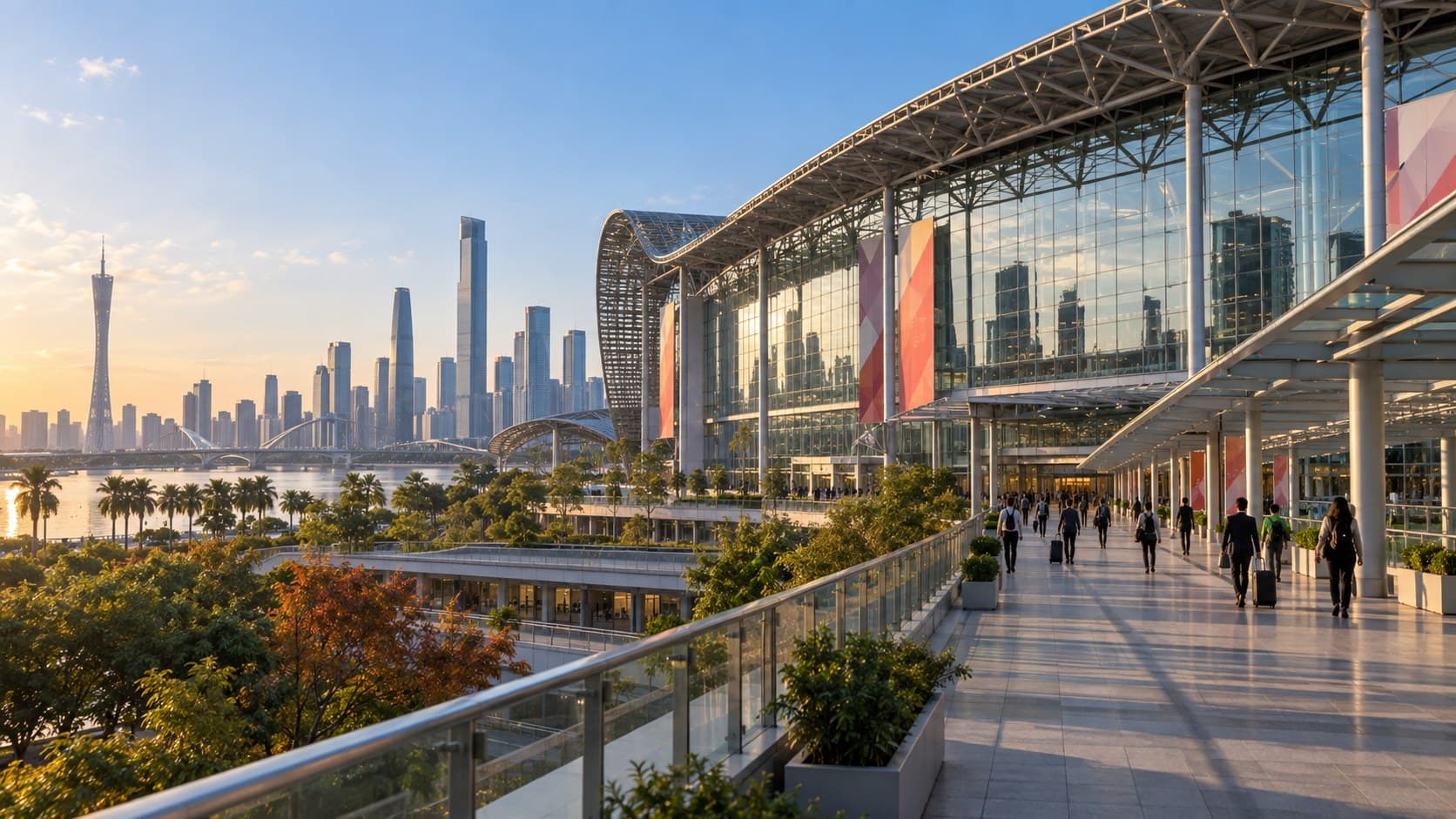 อาคารศูนย์แสดงสินค้า Canton Fair เขตผาโจว เมืองกว่างโจว มีผู้ร่วมงานจากทั่วโลกเดินเข้าออกประตูทางเข้า ฉากหลังเป็นตึกสูงริมแม่น้ำจูเจียงในวันฟ้าโปร่งของฤดูใบไม้ร่วง