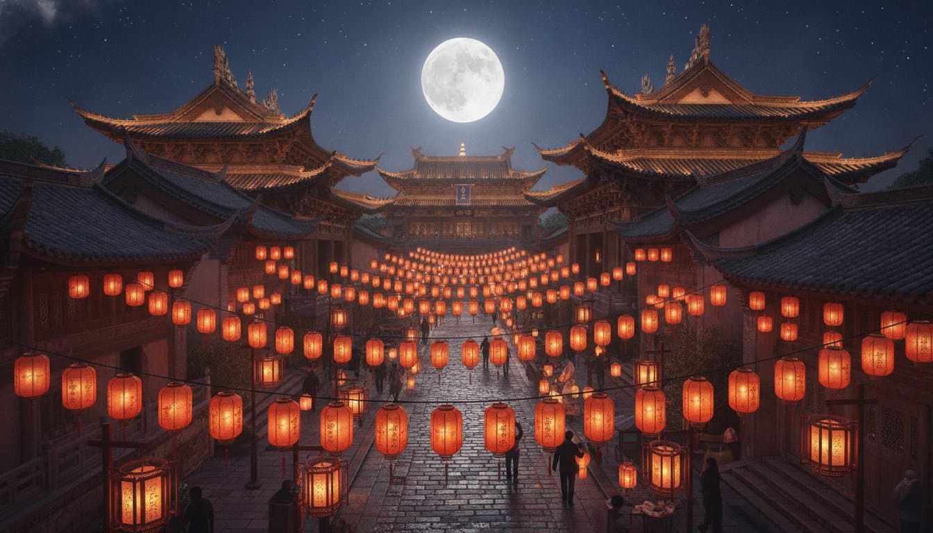 โคมไฟแดงประดับถนนเมืองจีนยามค่ำคืน พระจันทร์เต็มดวงเหนือหลังคาวัดจีน เทศกาลไหว้พระจันทร์