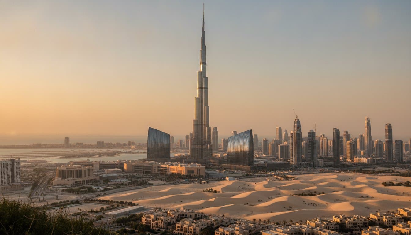 วิวเมืองดูไบยามพลบค่ำมองเห็นตึก Burj Khalifa และเส้นขอบฟ้าย่านดาวน์ทาวน์