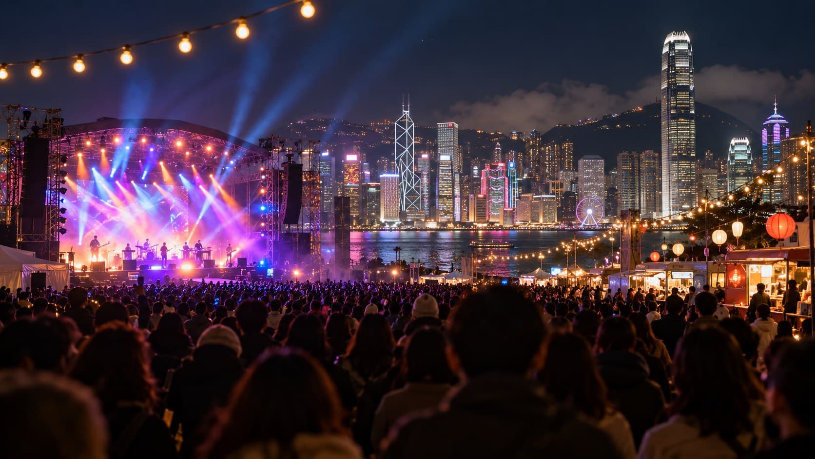 เงาผู้ชมมองไปทางเวทีดนตรีกลางแจ้งยามค่ำคืนที่ Central Harbourfront ฮ่องกง มีไฟเวทีหลากสีและตึกสูงริมอ่าววิกตอเรียเป็นฉากหลัง