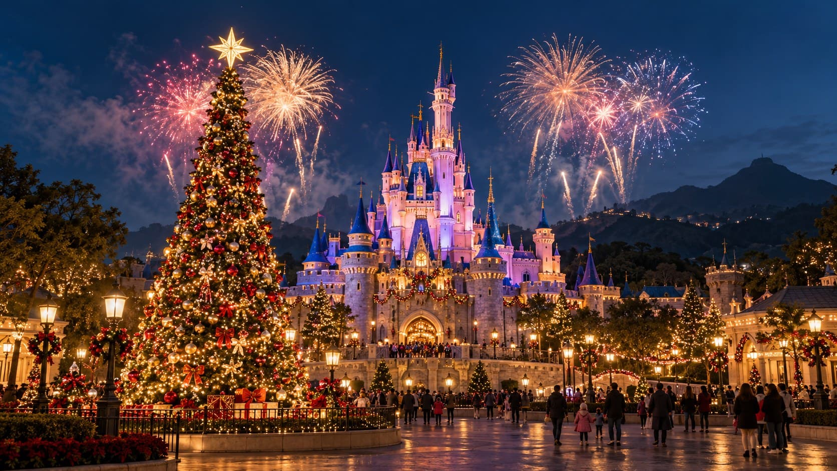ปราสาทใน Hong Kong Disneyland ประดับไฟธีมคริสต์มาสยามค่ำคืน มีครอบครัวนักท่องเที่ยวเดินชมบรรยากาศหน้าหนาว