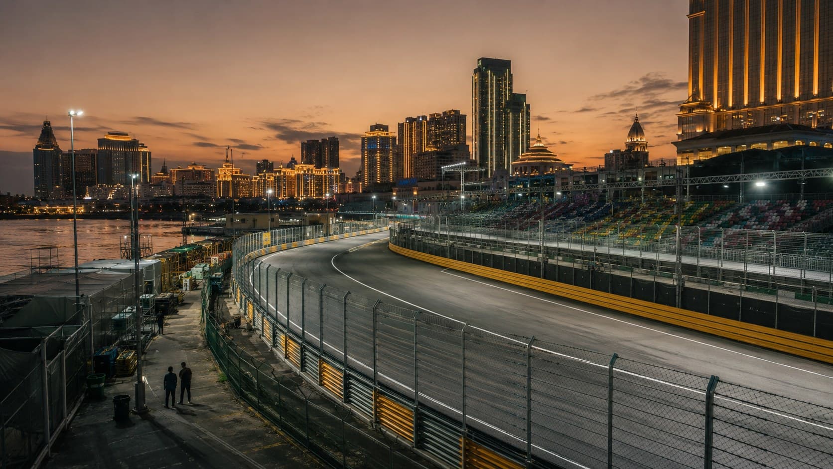 สนามแข่งรถ Guia Circuit กลางเมืองมาเก๊าช่วง Macau Grand Prix ยามพลบค่ำ มีแนวกั้นแทร็กและตึกรีสอร์ตไฟสว่างเป็นฉากหลัง