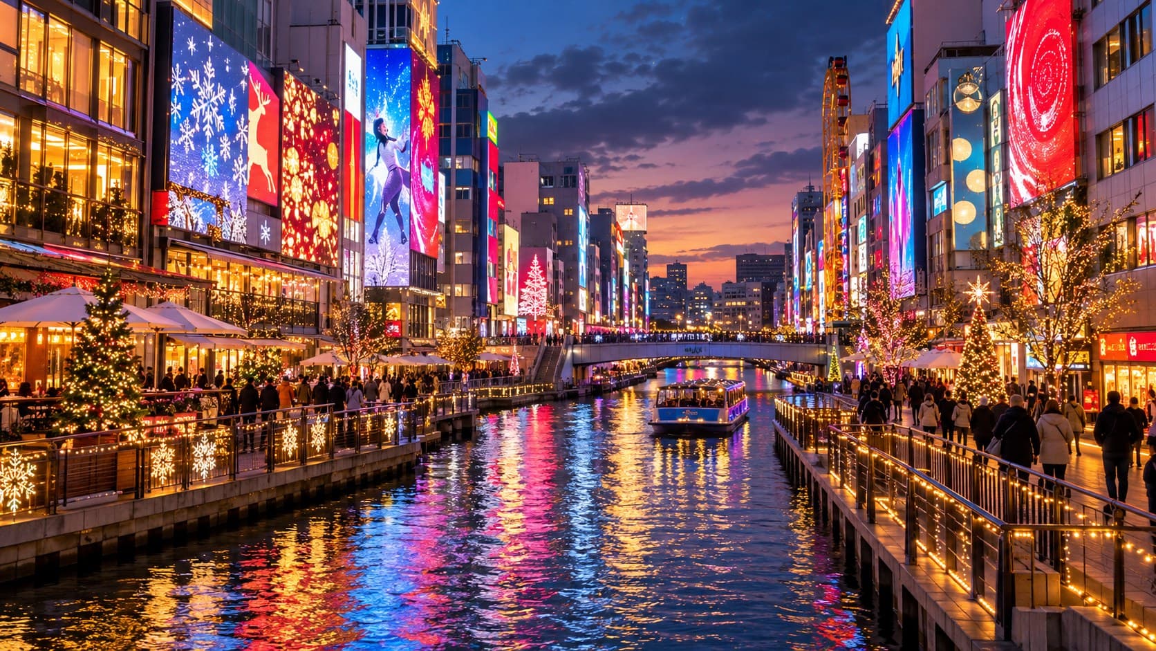 เที่ยวโอซาก้า หน้าหนาว 2026 ถนน Dotonbori ยามค่ำคืนช่วงคริสต์มาส ไฟป้ายร้านสว่างสะท้อนคลองและผู้คนใส่เสื้อโค้ทเดินเล่น