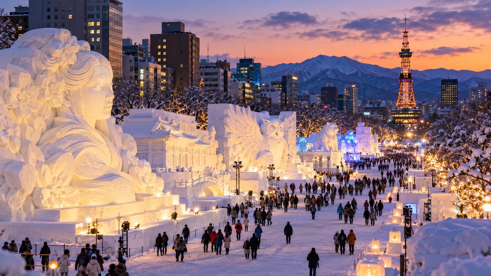 ประติมากรรมหิมะขนาดใหญ่เปิดไฟยามค่ำที่ Odori Park ในเทศกาลหิมะซัปโปโร ฮอกไกโด ญี่ปุ่น