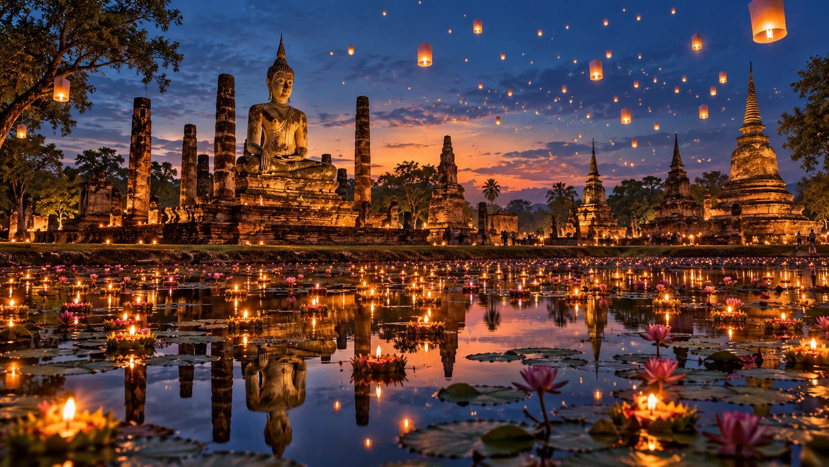 บรรยากาศเทศกาลลอยกระทง เผาเทียนเล่นไฟ ที่วัดมหาธาตุ อุทยานประวัติศาสตร์สุโขทัย ยามค่ำคืน มีโคมไฟและแสงเทียนสะท้อนผิวน้ำ